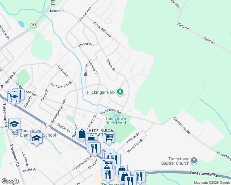 map of restaurants, bars, coffee shops, grocery stores, and more near 35 Bancroft Street in Taneytown