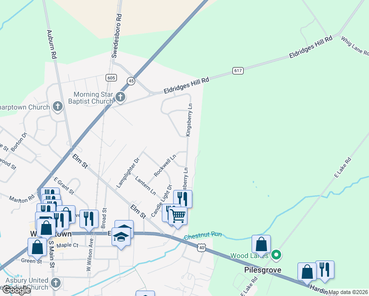 map of restaurants, bars, coffee shops, grocery stores, and more near 24 Rockwell Lane in Woodstown