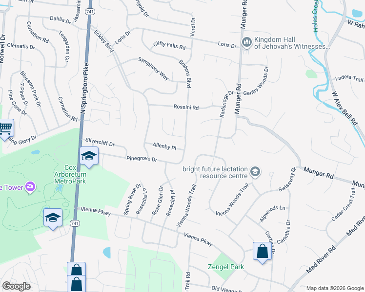map of restaurants, bars, coffee shops, grocery stores, and more near 2401 Pinegrove Drive in West Carrollton
