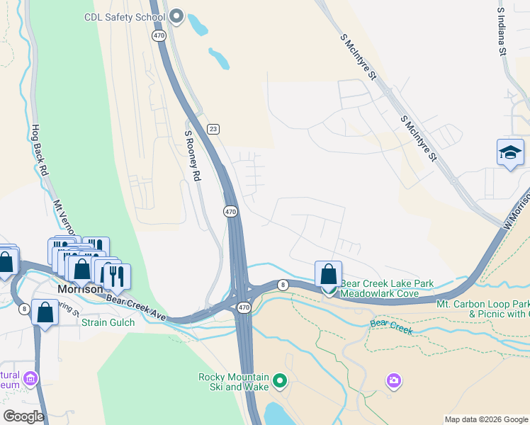 map of restaurants, bars, coffee shops, grocery stores, and more near 3319 South Rogers Street in Morrison