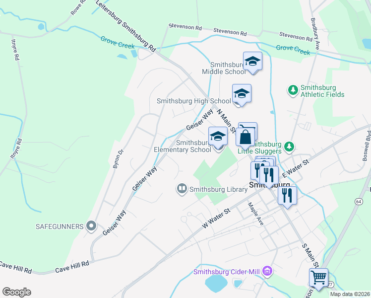 map of restaurants, bars, coffee shops, grocery stores, and more near 108 Patrick's Court in Smithsburg