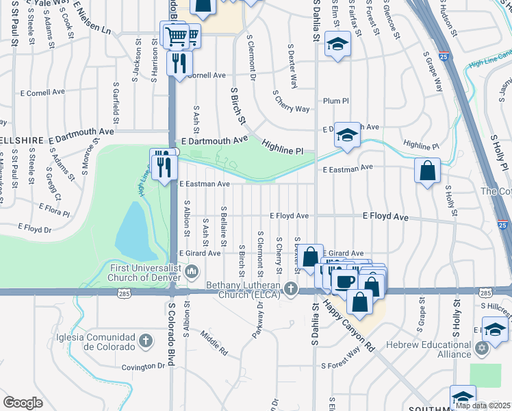 map of restaurants, bars, coffee shops, grocery stores, and more near 3275 South Clermont Street in Denver