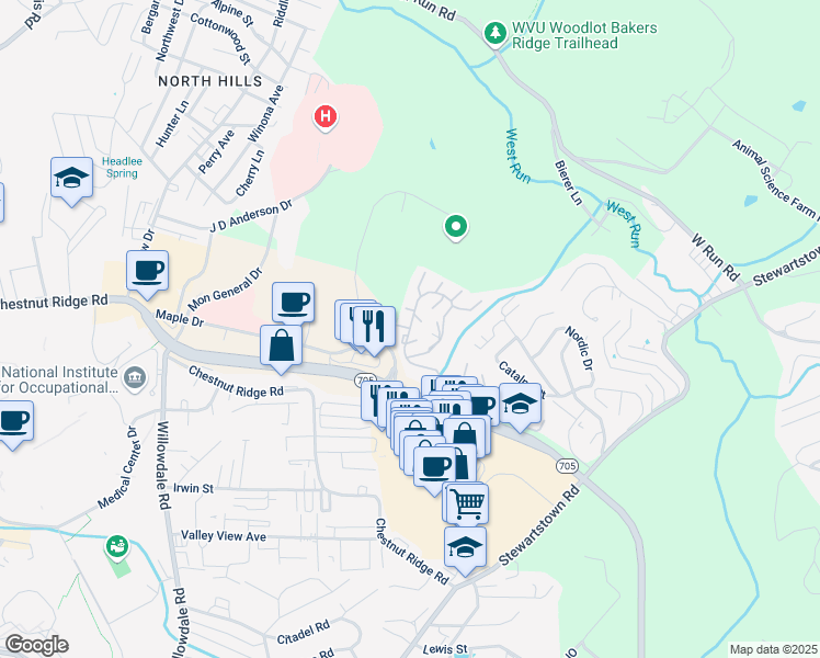 map of restaurants, bars, coffee shops, grocery stores, and more near Suncrest Village in Morgantown