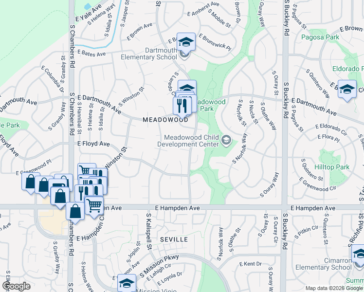 map of restaurants, bars, coffee shops, grocery stores, and more near 16159 East Flora Place in Aurora