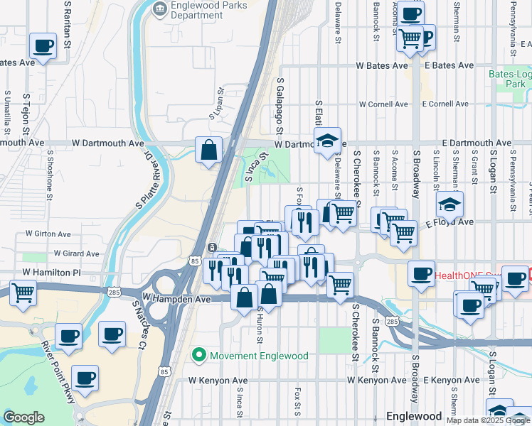 map of restaurants, bars, coffee shops, grocery stores, and more near 3287 South Huron Street in Englewood