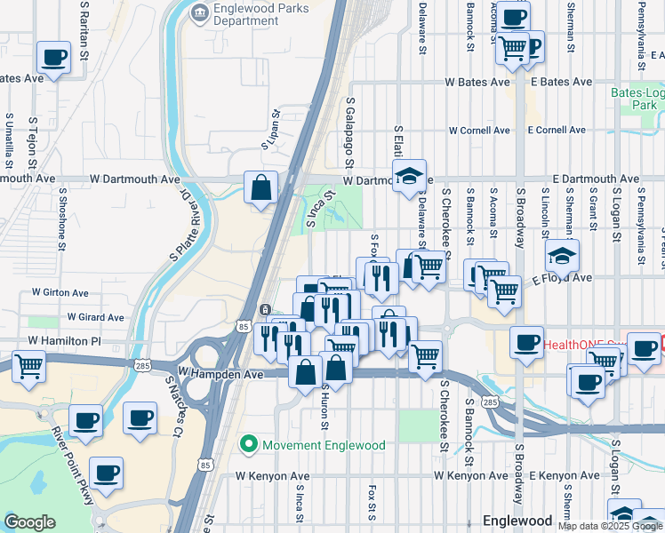 map of restaurants, bars, coffee shops, grocery stores, and more near 3287 South Huron Street in Englewood