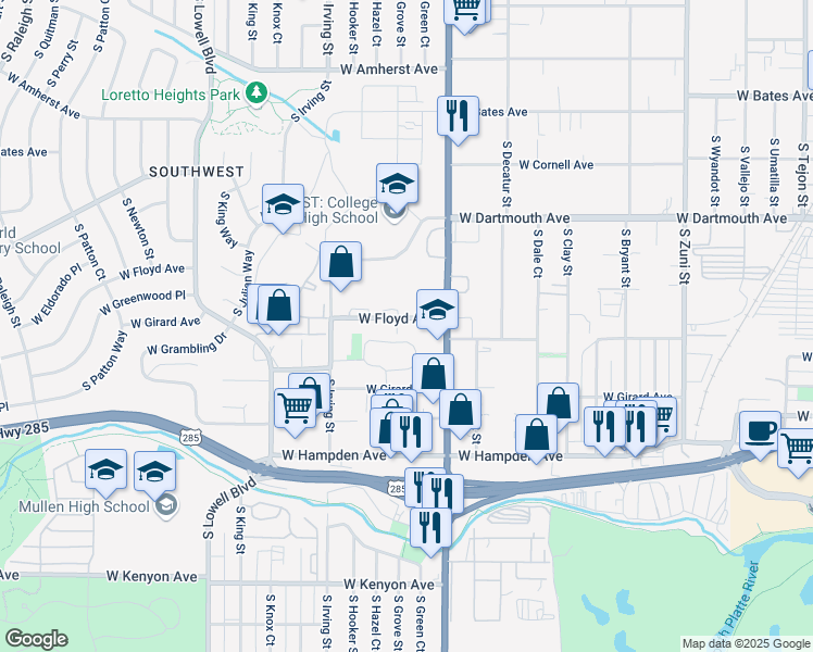 map of restaurants, bars, coffee shops, grocery stores, and more near 3050 West Floyd Avenue in Englewood