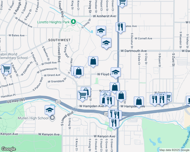 map of restaurants, bars, coffee shops, grocery stores, and more near 3150 West Floyd Avenue in Englewood