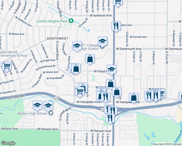 map of restaurants, bars, coffee shops, grocery stores, and more near 3100 West Floyd Avenue in Sheridan