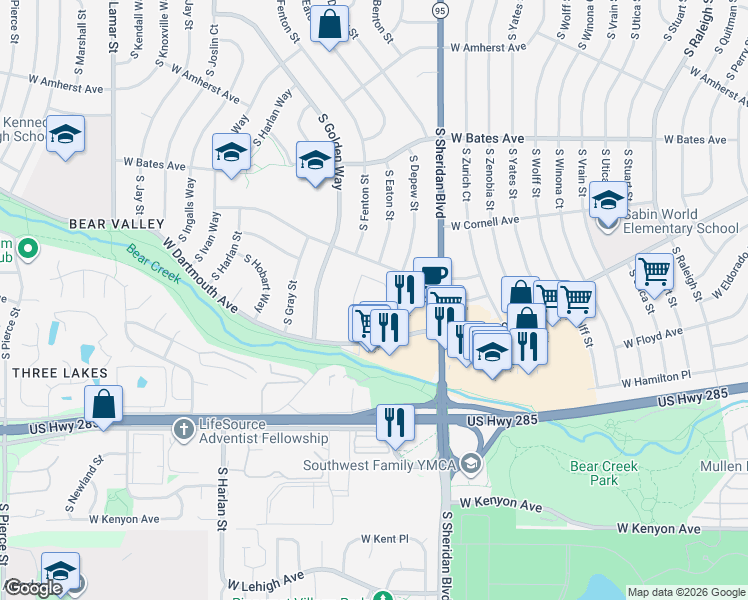 map of restaurants, bars, coffee shops, grocery stores, and more near 1965 South Sheridan Boulevard in Denver