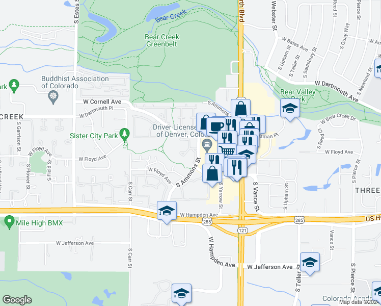 map of restaurants, bars, coffee shops, grocery stores, and more near 3325 South Ammons Street in Lakewood