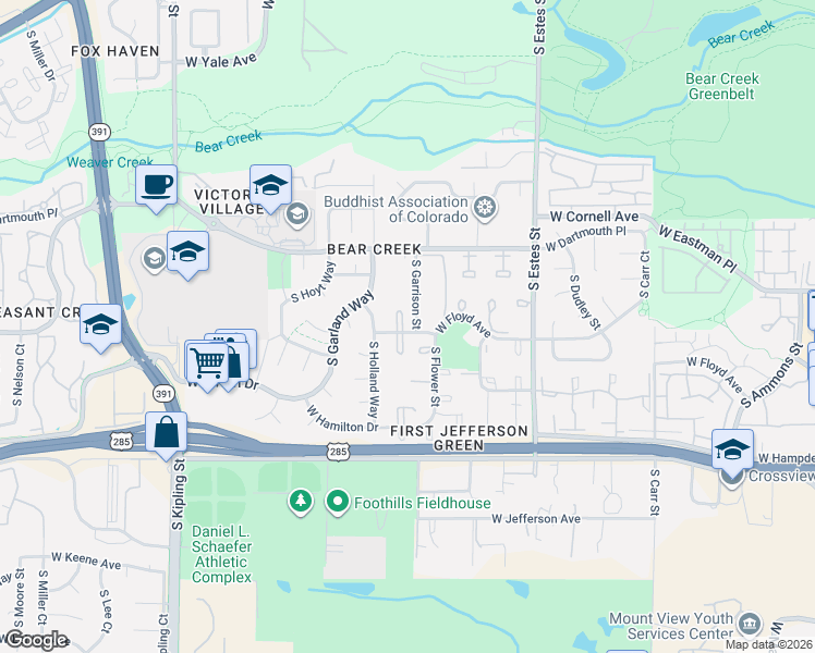 map of restaurants, bars, coffee shops, grocery stores, and more near 3225 South Garrison Street in Lakewood