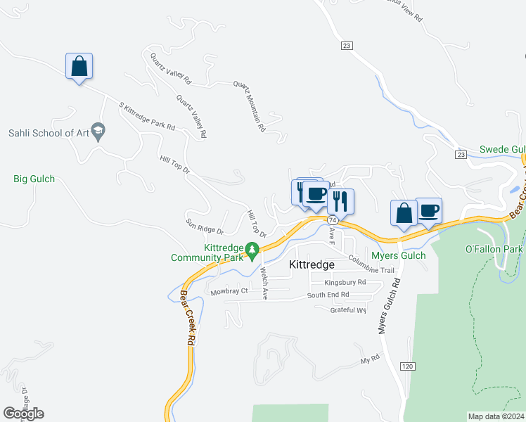 map of restaurants, bars, coffee shops, grocery stores, and more near 3367 B Russell Gulch Road in Evergreen