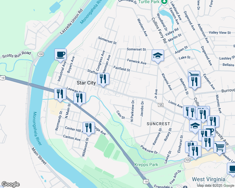 map of restaurants, bars, coffee shops, grocery stores, and more near 3373 University Avenue in Morgantown