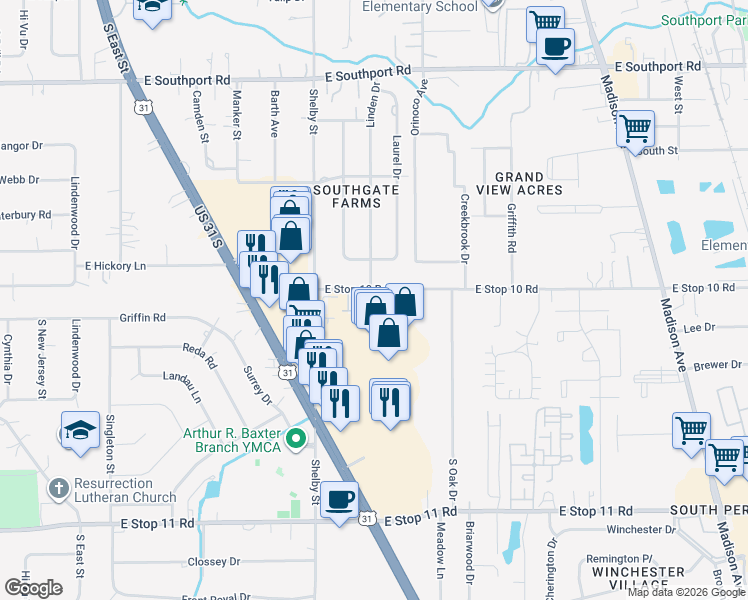 map of restaurants, bars, coffee shops, grocery stores, and more near 1195 Priority Place in Indianapolis