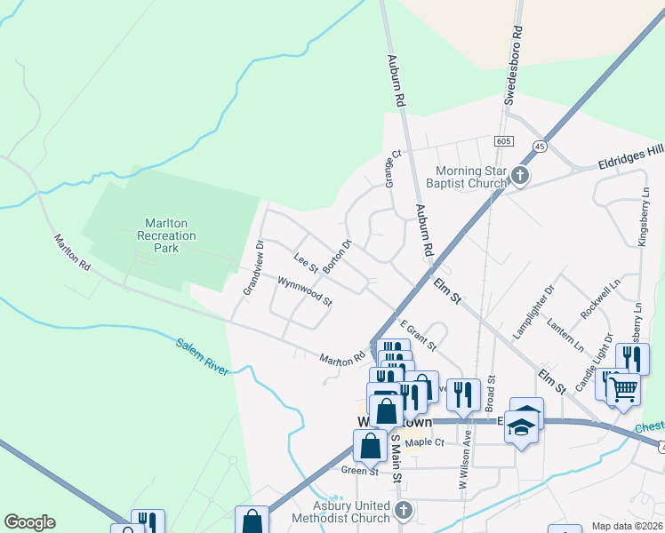 map of restaurants, bars, coffee shops, grocery stores, and more near 37 Lee Street in Woodstown
