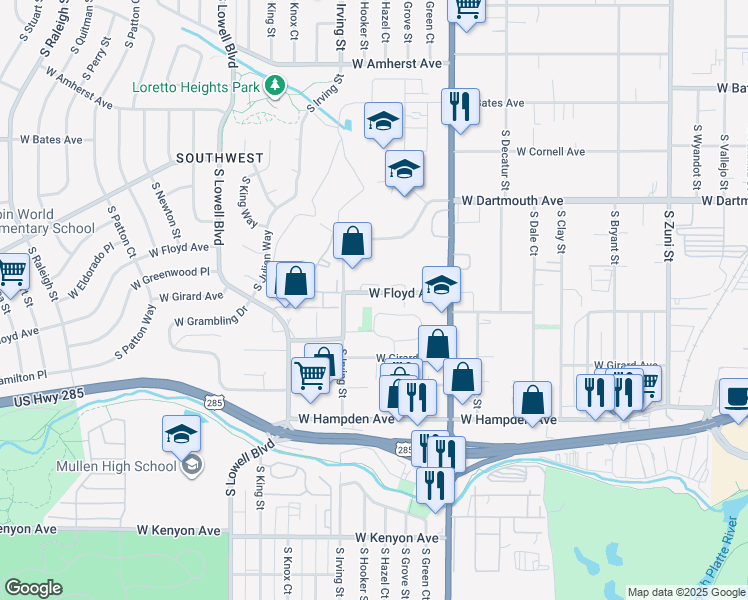 map of restaurants, bars, coffee shops, grocery stores, and more near 3150 West Floyd Avenue in Englewood