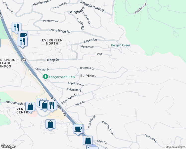 map of restaurants, bars, coffee shops, grocery stores, and more near 30075 Roan Drive in Evergreen