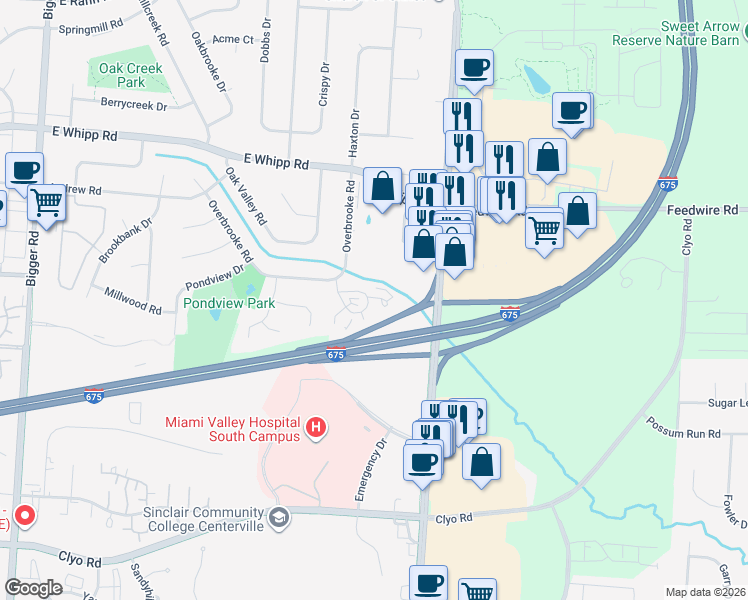 map of restaurants, bars, coffee shops, grocery stores, and more near 2654 South Kings Arms Circle in Dayton