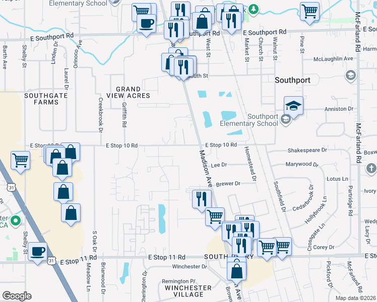 map of restaurants, bars, coffee shops, grocery stores, and more near 1821 East Stop 10 Road in Indianapolis