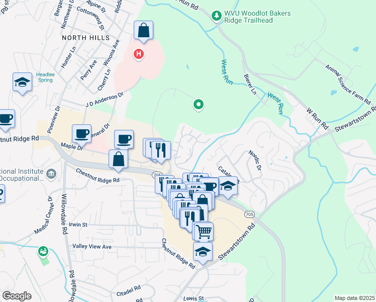map of restaurants, bars, coffee shops, grocery stores, and more near 2524 Suncrest Village in Morgantown