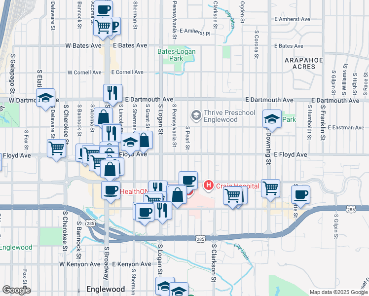 map of restaurants, bars, coffee shops, grocery stores, and more near 3296 South Pearl Street in Englewood