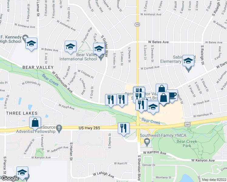 map of restaurants, bars, coffee shops, grocery stores, and more near 5775 West Colgate Place in Denver