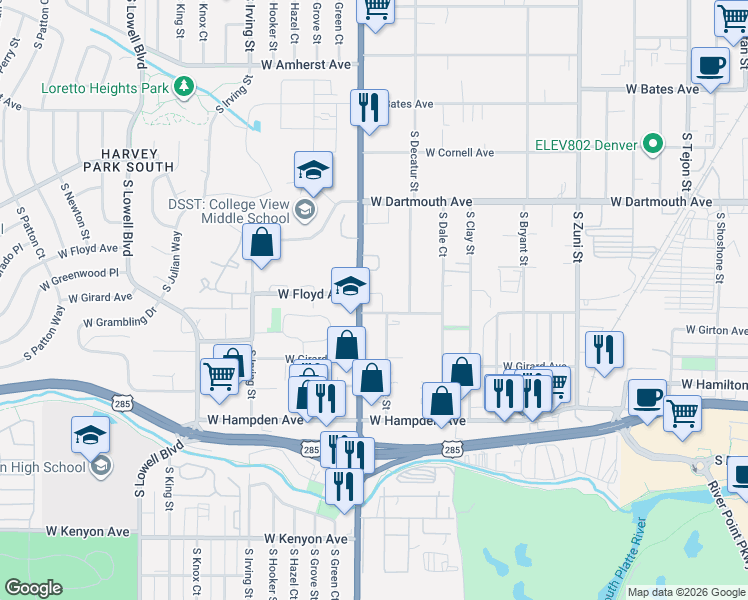 map of restaurants, bars, coffee shops, grocery stores, and more near 2885 West Floyd Avenue in Denver