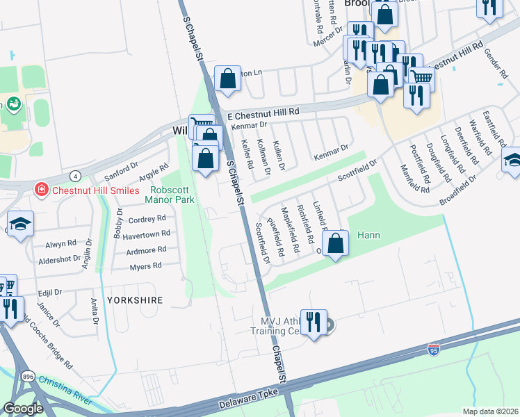 map of restaurants, bars, coffee shops, grocery stores, and more near 173 Scottfield Drive in Newark