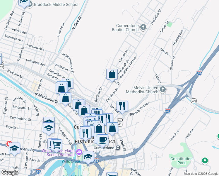 map of restaurants, bars, coffee shops, grocery stores, and more near 347 Frederick Street in Cumberland