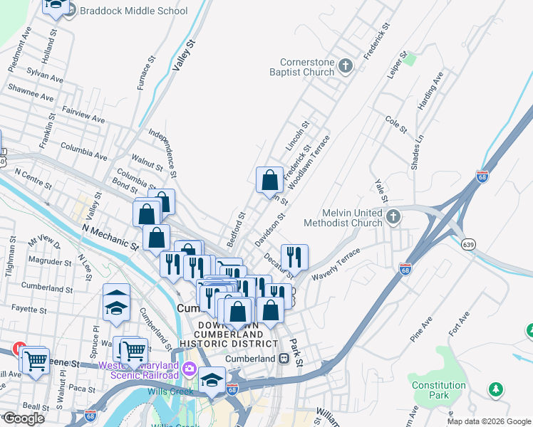 map of restaurants, bars, coffee shops, grocery stores, and more near 347 Frederick Street in Cumberland