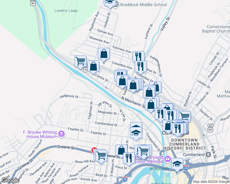 map of restaurants, bars, coffee shops, grocery stores, and more near 532 North Mechanic Street in Cumberland