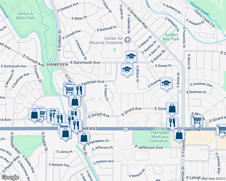 map of restaurants, bars, coffee shops, grocery stores, and more near 3273 South Tulare Circle in Denver