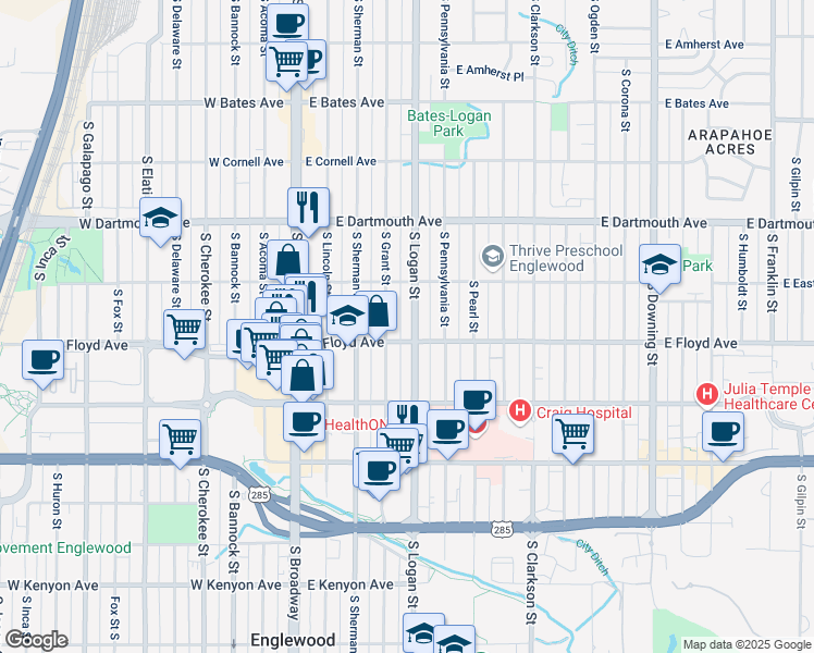map of restaurants, bars, coffee shops, grocery stores, and more near 3291 South Logan Street in Englewood