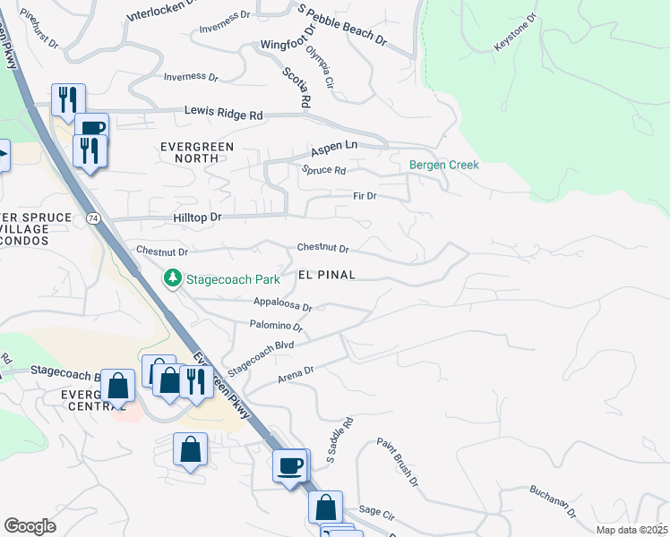 map of restaurants, bars, coffee shops, grocery stores, and more near 30075 Roan Drive in Evergreen