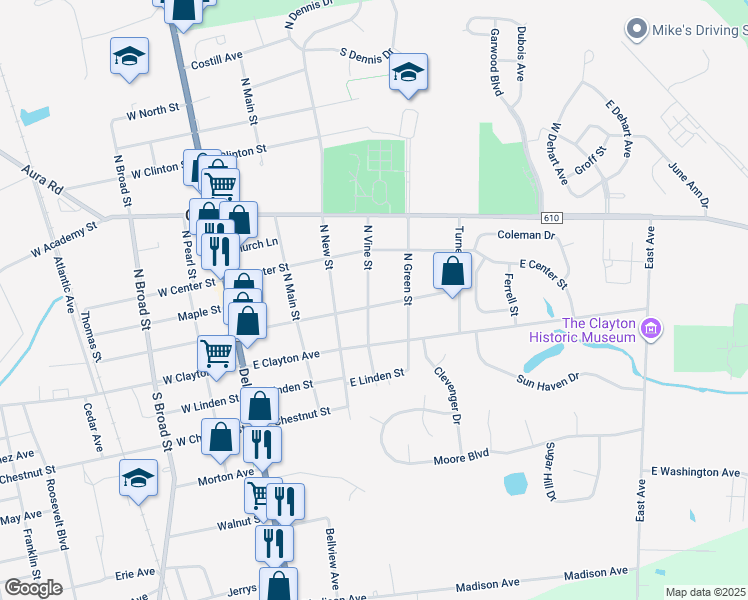 map of restaurants, bars, coffee shops, grocery stores, and more near 285 East High Street in Clayton
