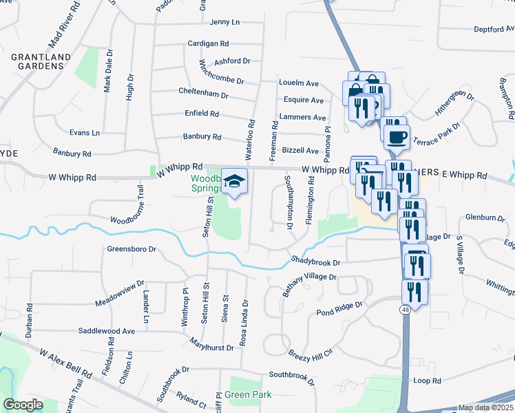 map of restaurants, bars, coffee shops, grocery stores, and more near 6054 Waterloo Road in Dayton