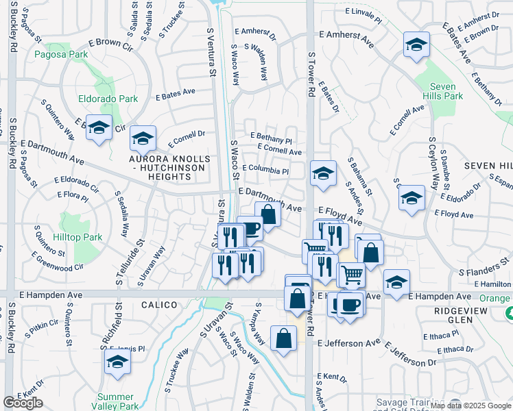 map of restaurants, bars, coffee shops, grocery stores, and more near 18151 East Flora Place in Aurora