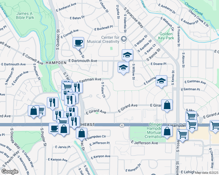 map of restaurants, bars, coffee shops, grocery stores, and more near 3273 South Tulare Circle in Denver