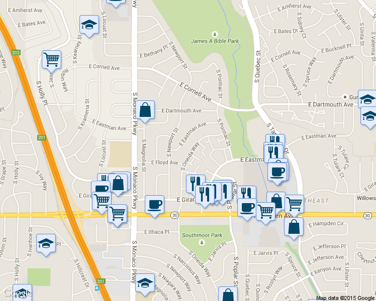 map of restaurants, bars, coffee shops, grocery stores, and more near 3291 South Oneida Way in Denver