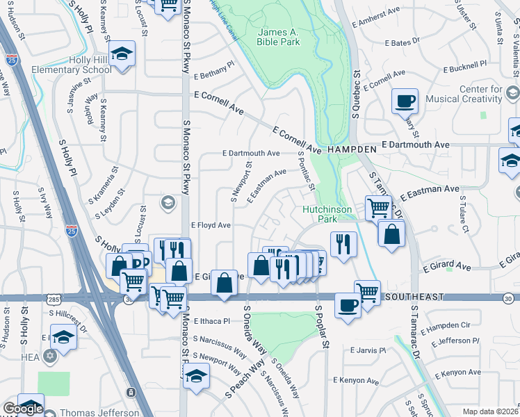 map of restaurants, bars, coffee shops, grocery stores, and more near 3291 South Oneida Way in Denver