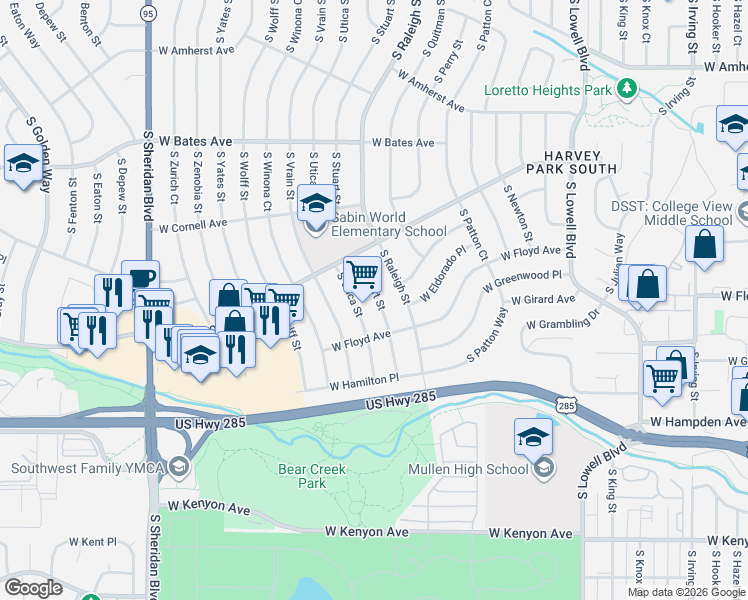 map of restaurants, bars, coffee shops, grocery stores, and more near 3227 South Stuart Street in Denver