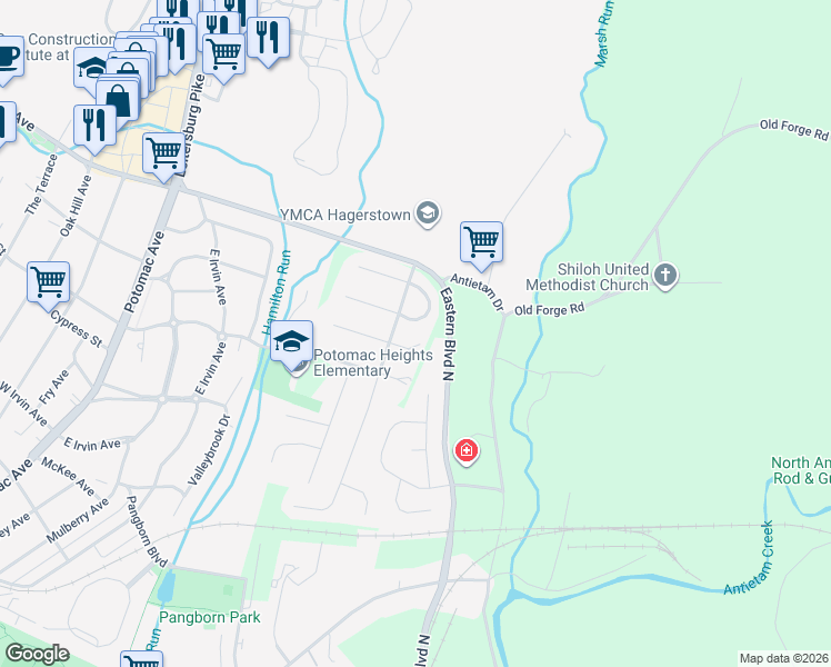 map of restaurants, bars, coffee shops, grocery stores, and more near in Hagerstown