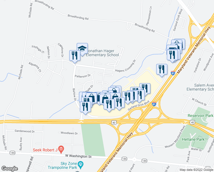 map of restaurants, bars, coffee shops, grocery stores, and more near 17633 Basalt Way in Hagerstown