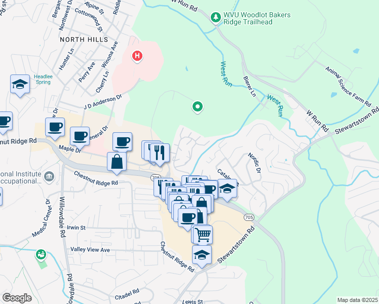 map of restaurants, bars, coffee shops, grocery stores, and more near 2524 Suncrest Village in Morgantown