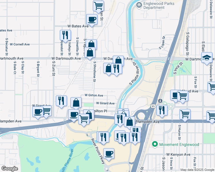 map of restaurants, bars, coffee shops, grocery stores, and more near 3245 South Platte River Drive in Englewood