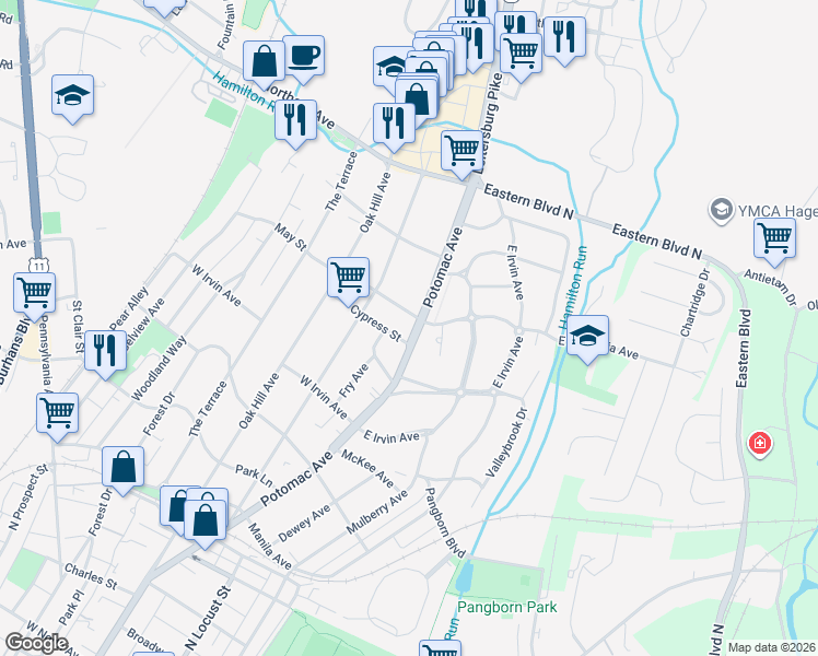 map of restaurants, bars, coffee shops, grocery stores, and more near 1241 Potomac Avenue in Hagerstown
