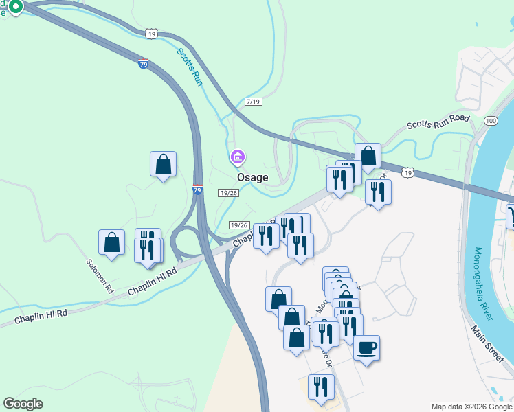 map of restaurants, bars, coffee shops, grocery stores, and more near 162 Number 3 Hill in Osage