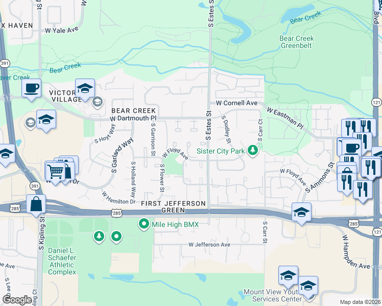 map of restaurants, bars, coffee shops, grocery stores, and more near 9027 West Floyd Avenue in Denver