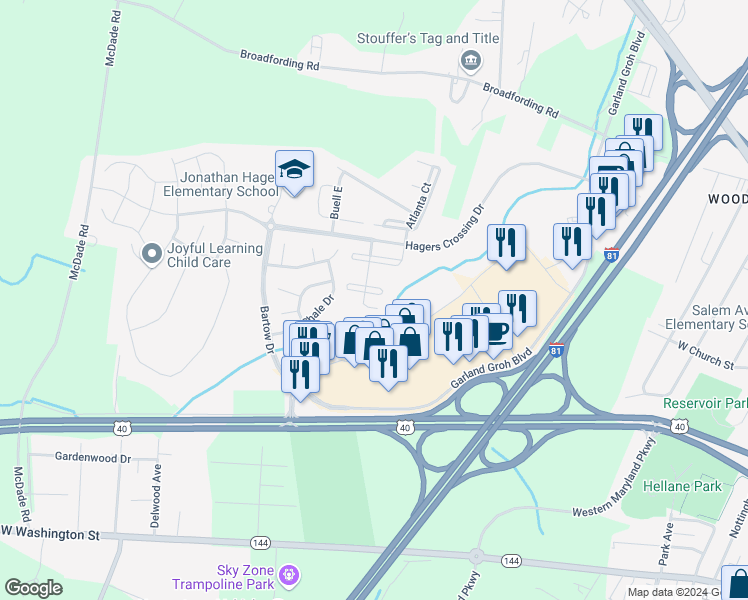 map of restaurants, bars, coffee shops, grocery stores, and more near 17627 Basalt Way in Hagerstown